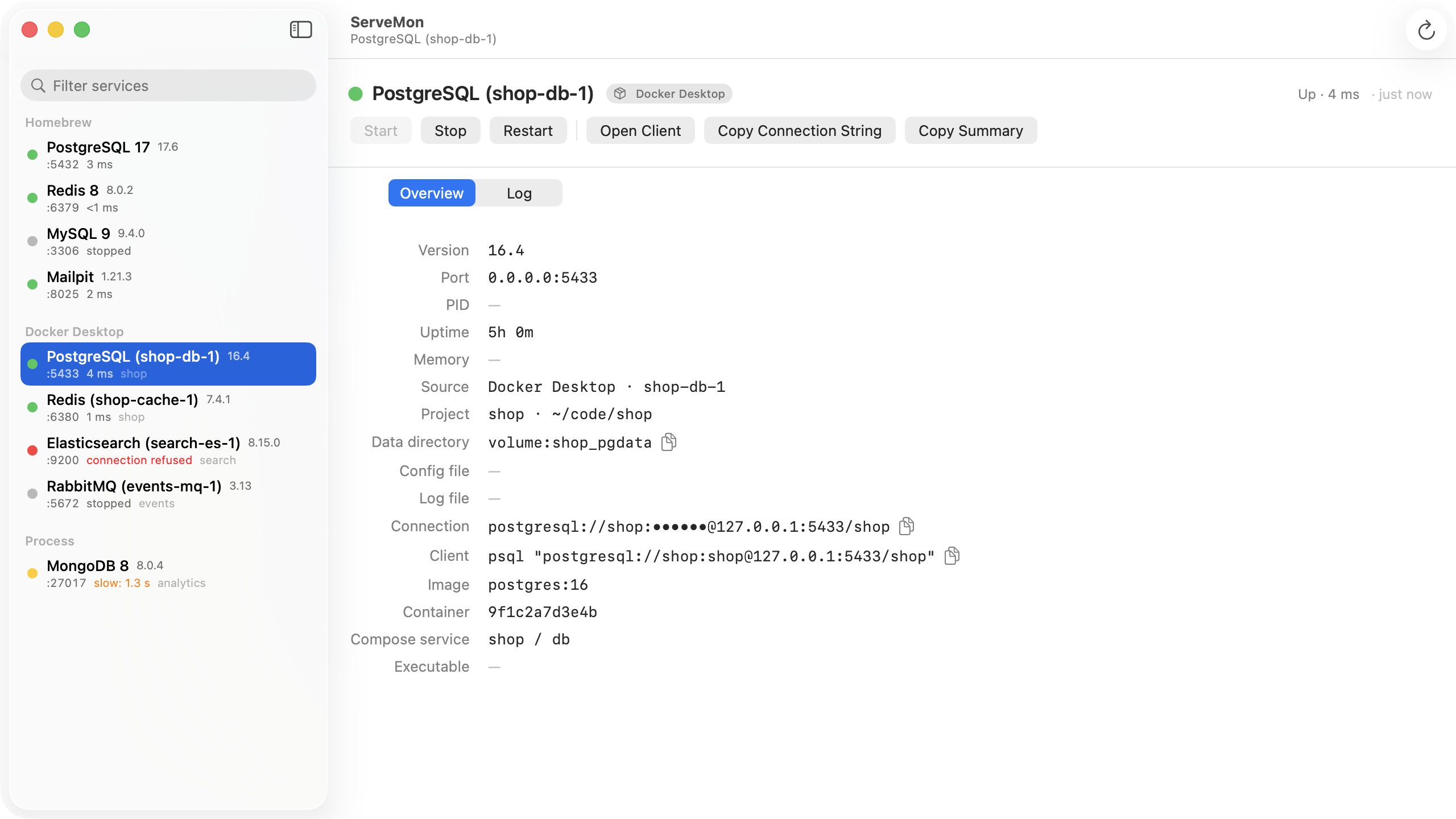 The ServeMon window with PostgreSQL 17 selected: a green health pill with latency, the Homebrew badge, and the Overview grid showing version, port, PID, uptime, data directory, config file, and log file.